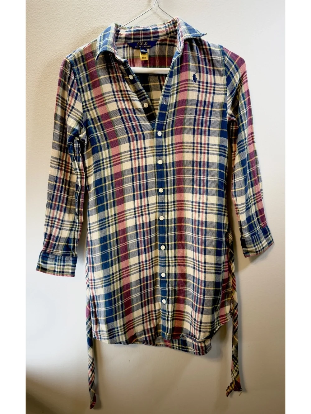 Girls Polo Ralph Lauren flannel shirt dress,blue, yellow and pink  plaid. Size 8